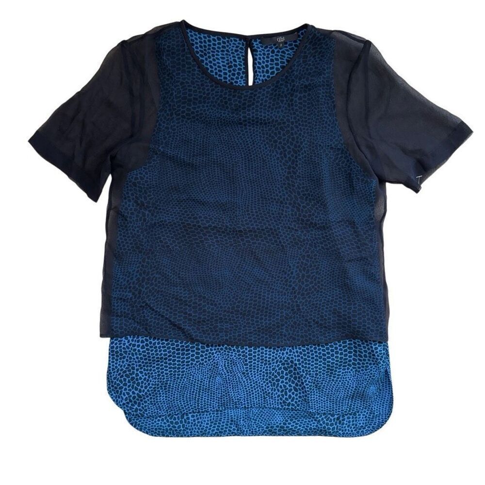 Designer Tibi Top 100% Silk Bateau Neckline Short Sleeve Layered Black Blue Shir